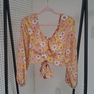 Madden NYC Pullover Crop‎ Top Blouse Women Yellow Floral Tie Back Boho 70's XXL